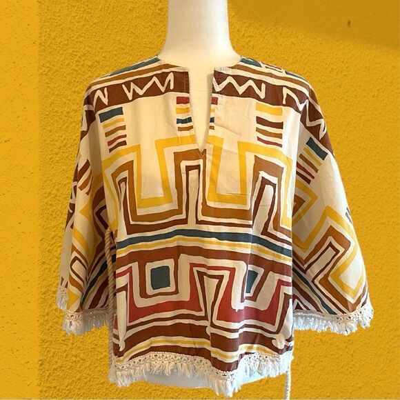 70s vintage true hippie cotton poncho with rope and fringe - Picture 7 of 11